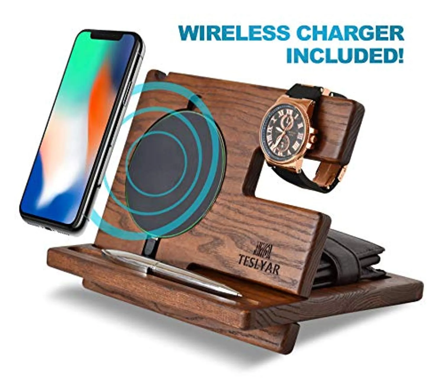 Wood Phone Docking Station Ash Key Holder Wallet Stand Watch Organizer Wireless Charging Pad Compatible with All Qi Devices