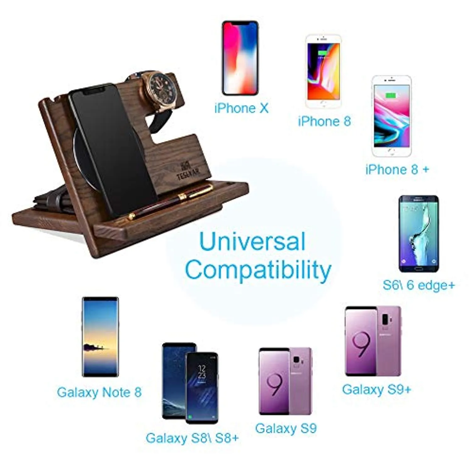 Wood Phone Docking Station Ash Key Holder Wallet Stand Watch Organizer Wireless Charging Pad Compatible with All Qi Devices