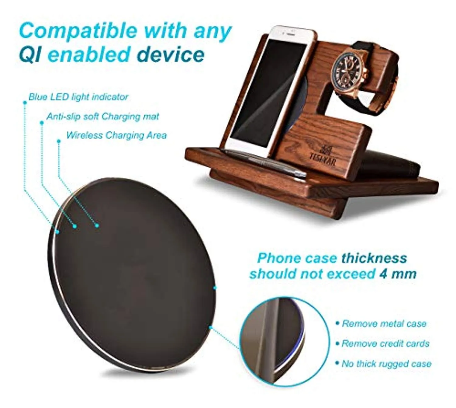 Wood Phone Docking Station Ash Key Holder Wallet Stand Watch Organizer Wireless Charging Pad Compatible with All Qi Devices