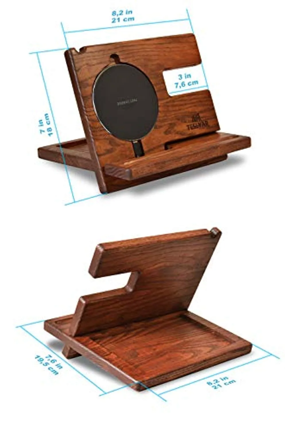 Wood Phone Docking Station Ash Key Holder Wallet Stand Watch Organizer Wireless Charging Pad Compatible with All Qi Devices