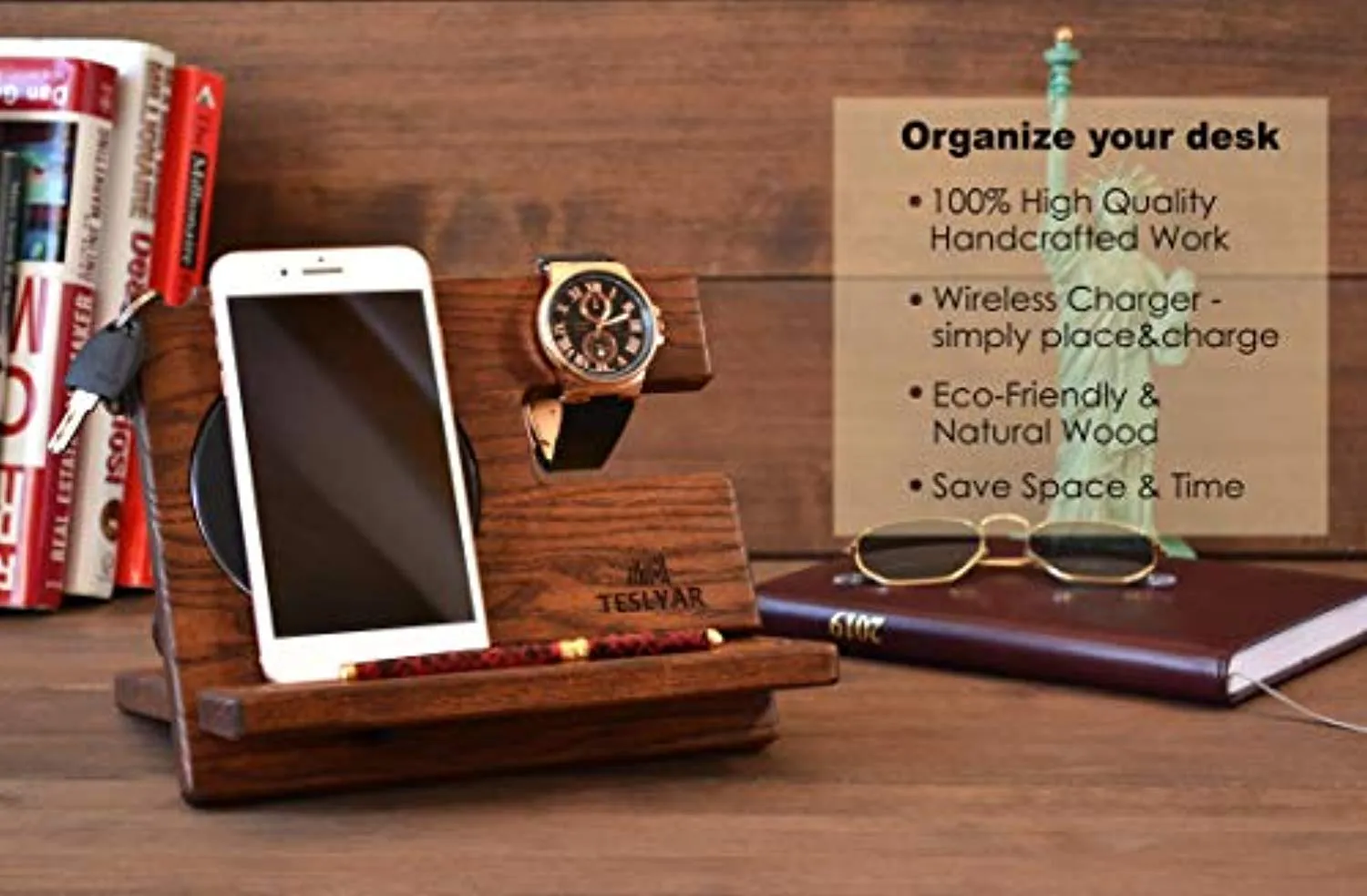 Wood Phone Docking Station Ash Key Holder Wallet Stand Watch Organizer Wireless Charging Pad Compatible with All Qi Devices