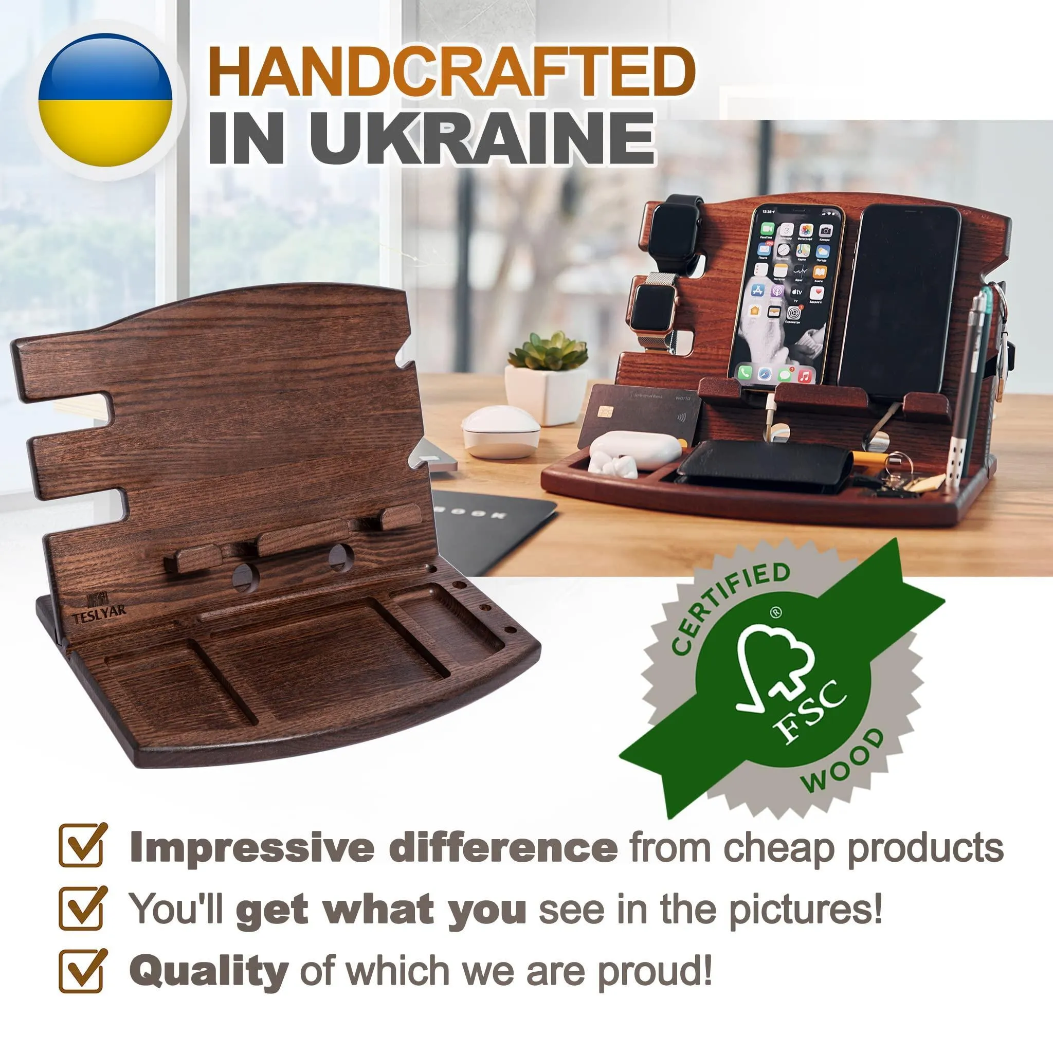 Wood Phone Docking Station Natural Ash Phone Key Holder Wallet Stand