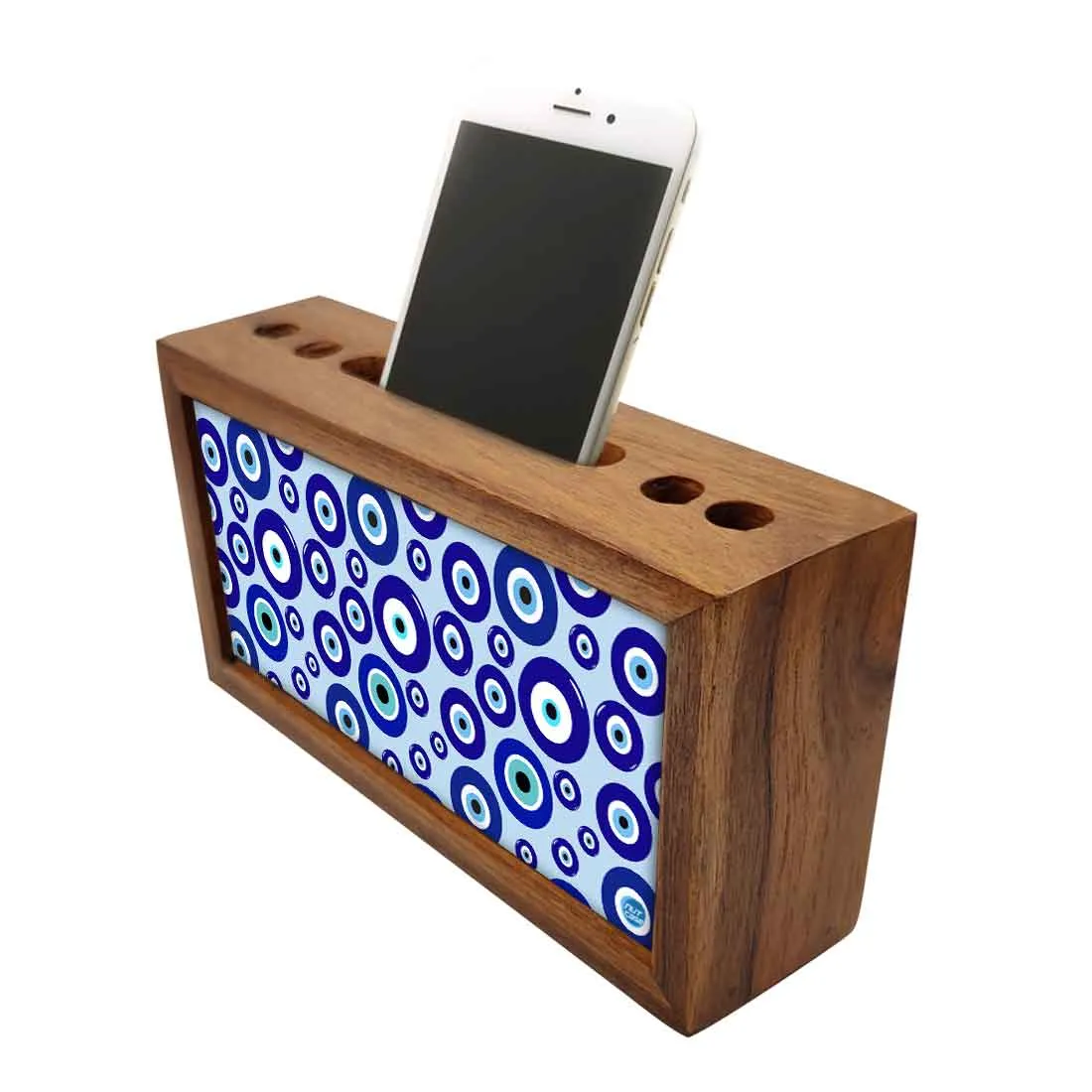 Wooden Pen Stand with Mobile Holder Desk Organizer for Office - Evil Eye Protector-