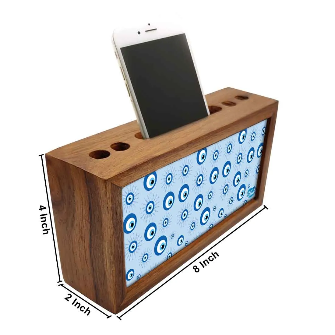 Wooden Pen Stand with Mobile Holder Desk Organizer for Office - Evil Eye Protector-