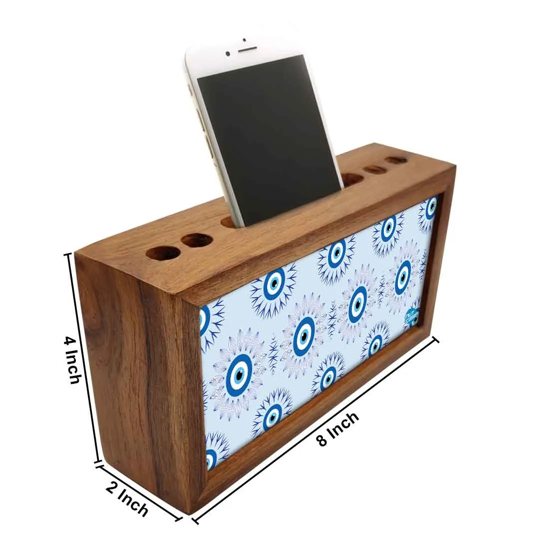 Wooden Pen Stand with Mobile Holder Desk Organizer for Office - Evil Eye Protector-