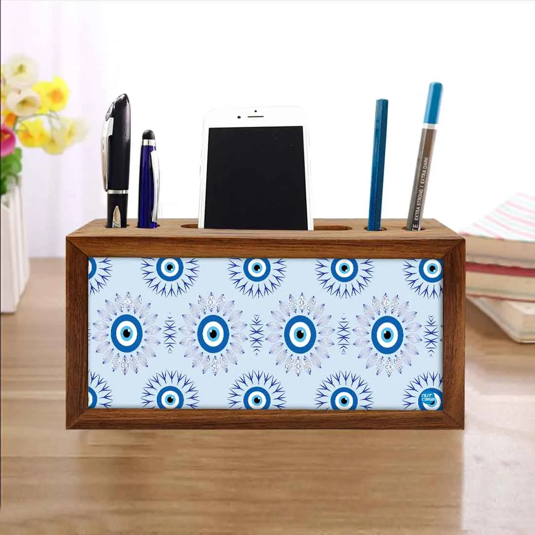 Wooden Pen Stand with Mobile Holder Desk Organizer for Office - Evil Eye Protector-