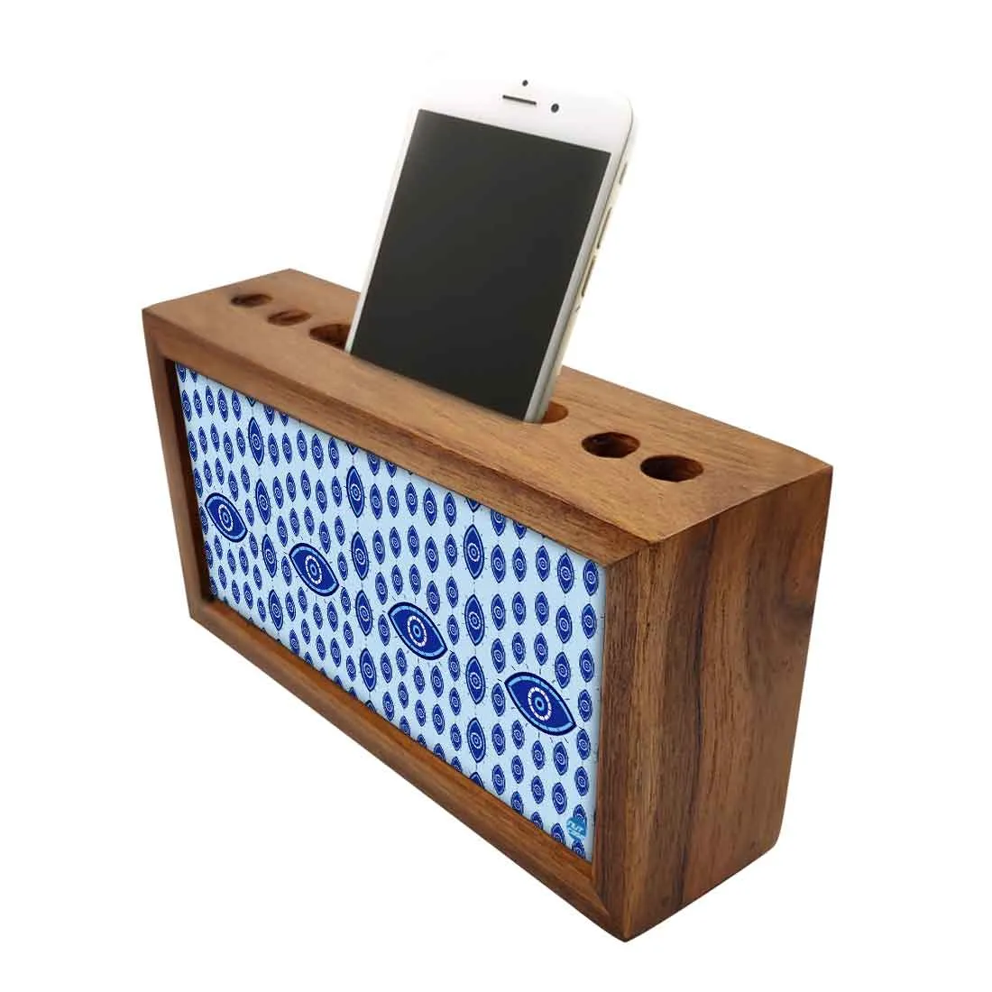 Wooden Pen Stand with Mobile Holder Desk Organizer for Office - Evil Eye Protector-