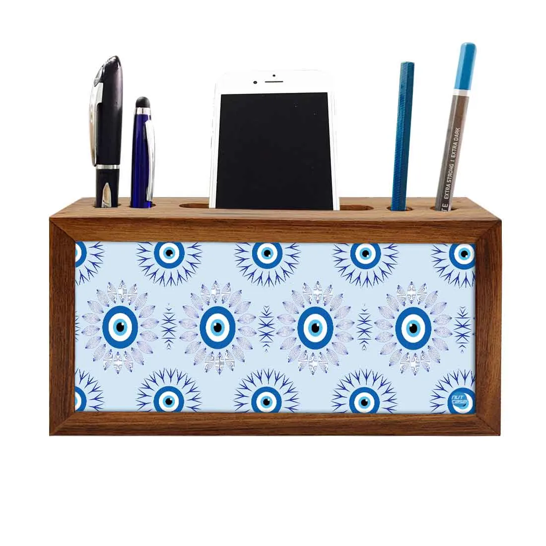 Wooden Pen Stand with Mobile Holder Desk Organizer for Office - Evil Eye Protector-