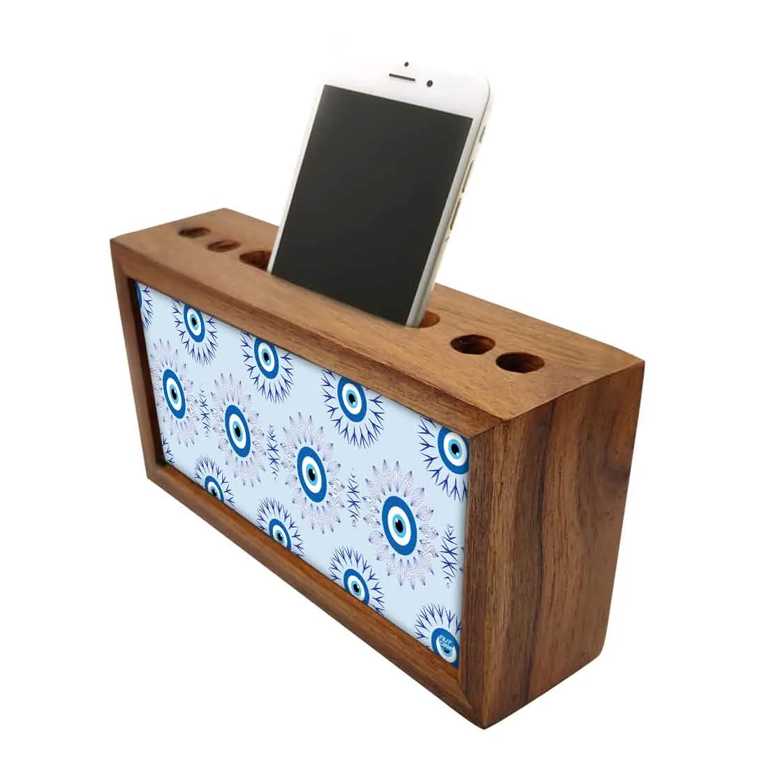 Wooden Pen Stand with Mobile Holder Desk Organizer for Office - Evil Eye Protector-