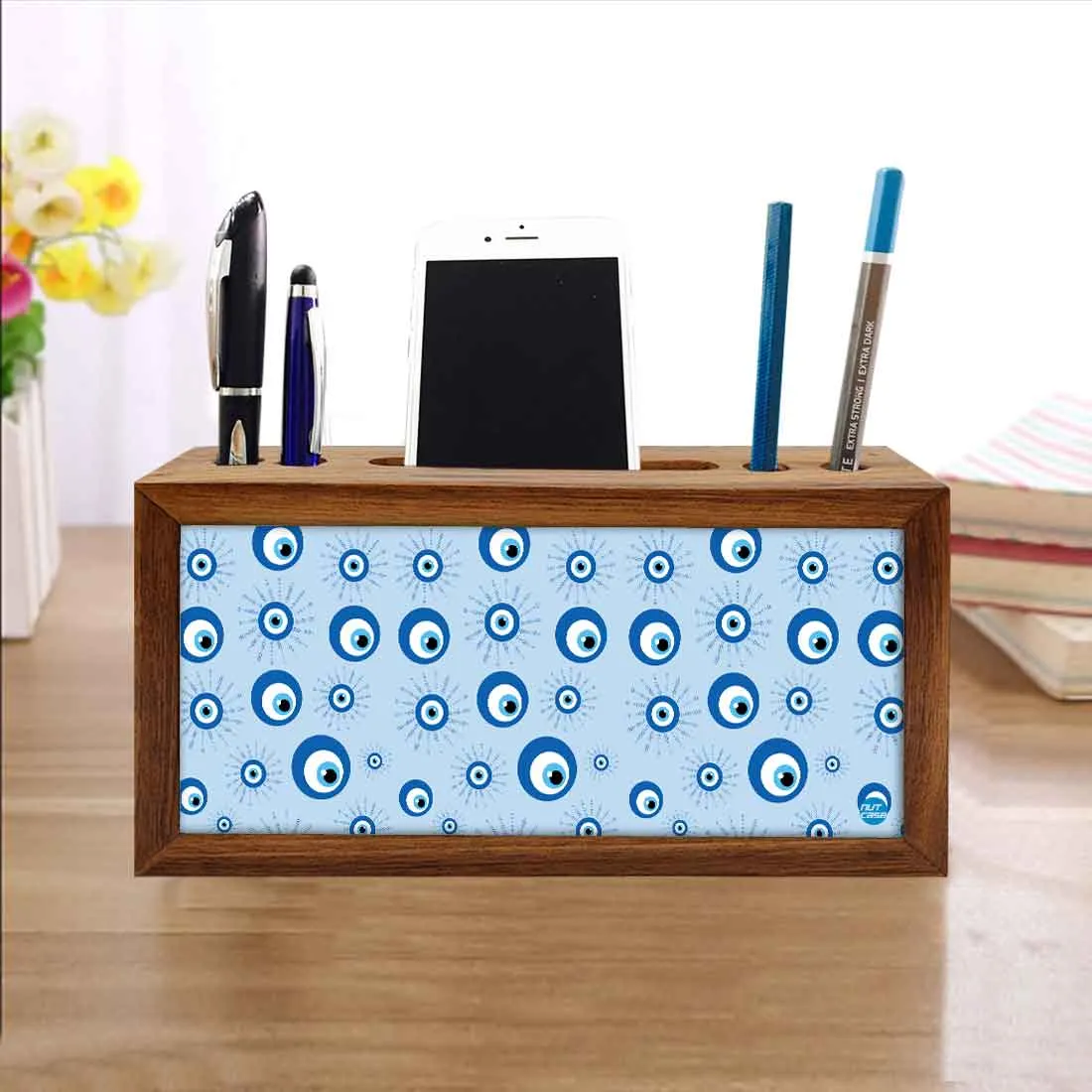 Wooden Pen Stand with Mobile Holder Desk Organizer for Office - Evil Eye Protector-