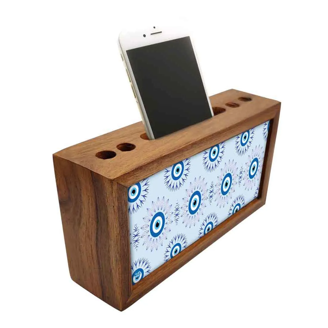 Wooden Pen Stand with Mobile Holder Desk Organizer for Office - Evil Eye Protector-