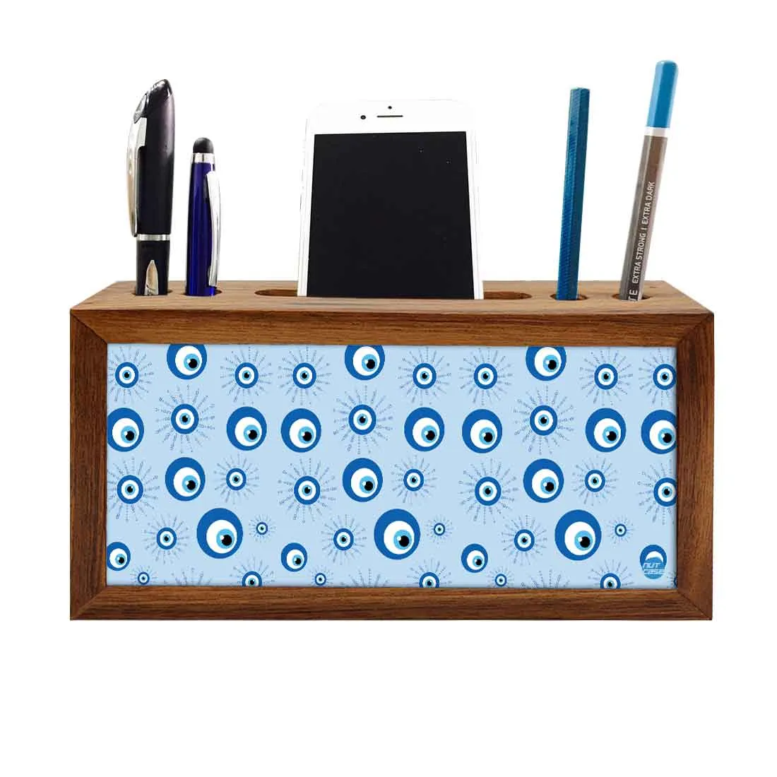 Wooden Pen Stand with Mobile Holder Desk Organizer for Office - Evil Eye Protector-