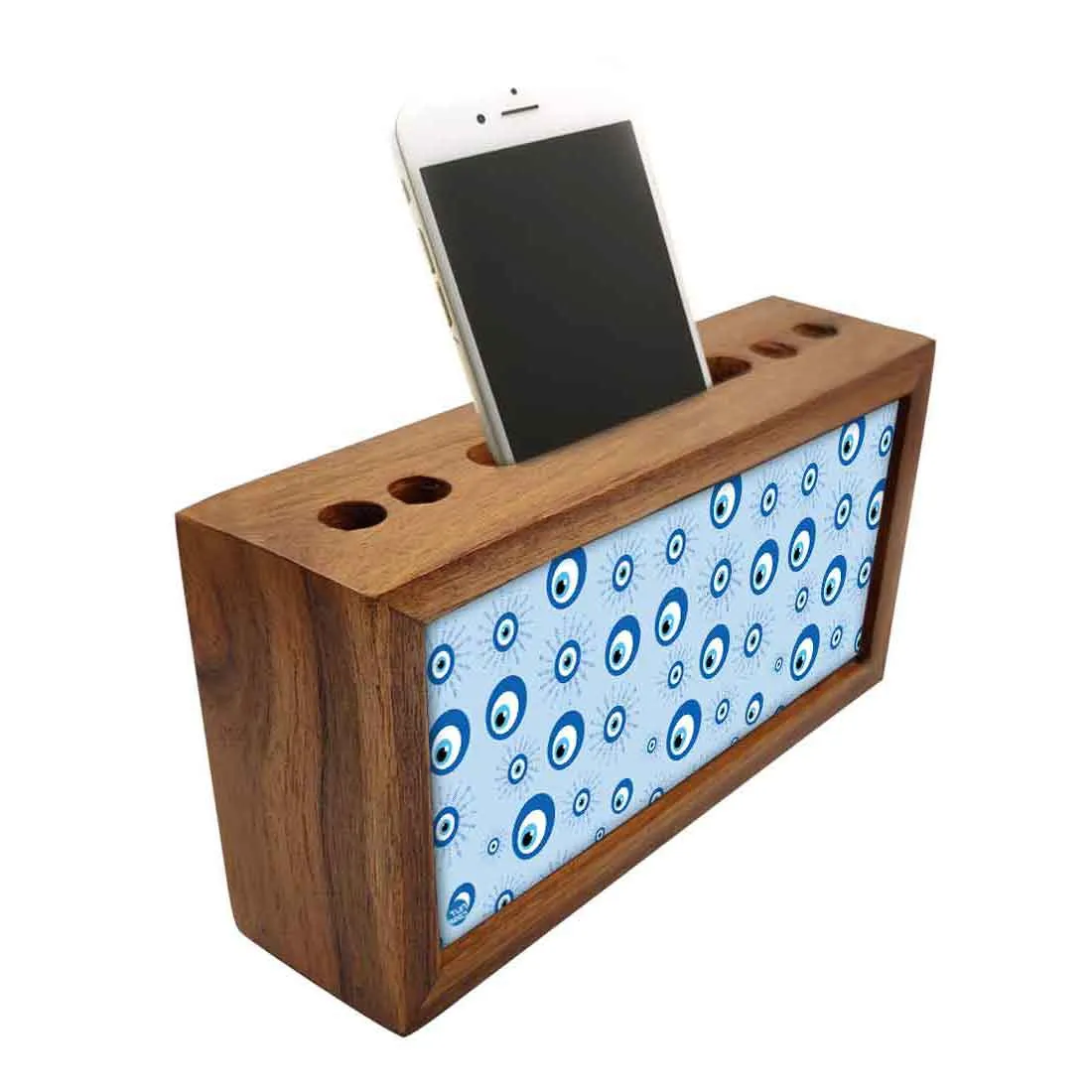 Wooden Pen Stand with Mobile Holder Desk Organizer for Office - Evil Eye Protector-