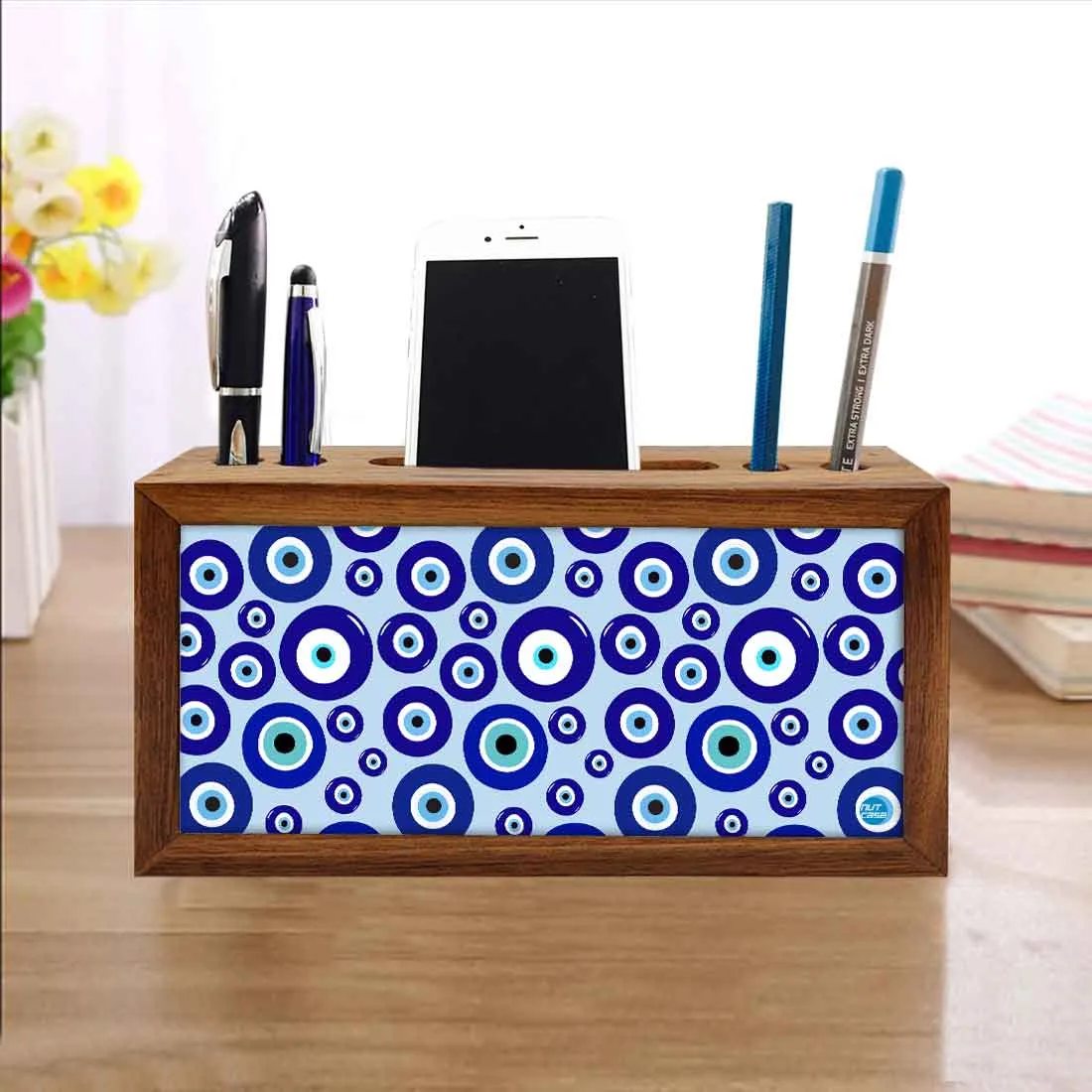 Wooden Pen Stand with Mobile Holder Desk Organizer for Office - Evil Eye Protector-