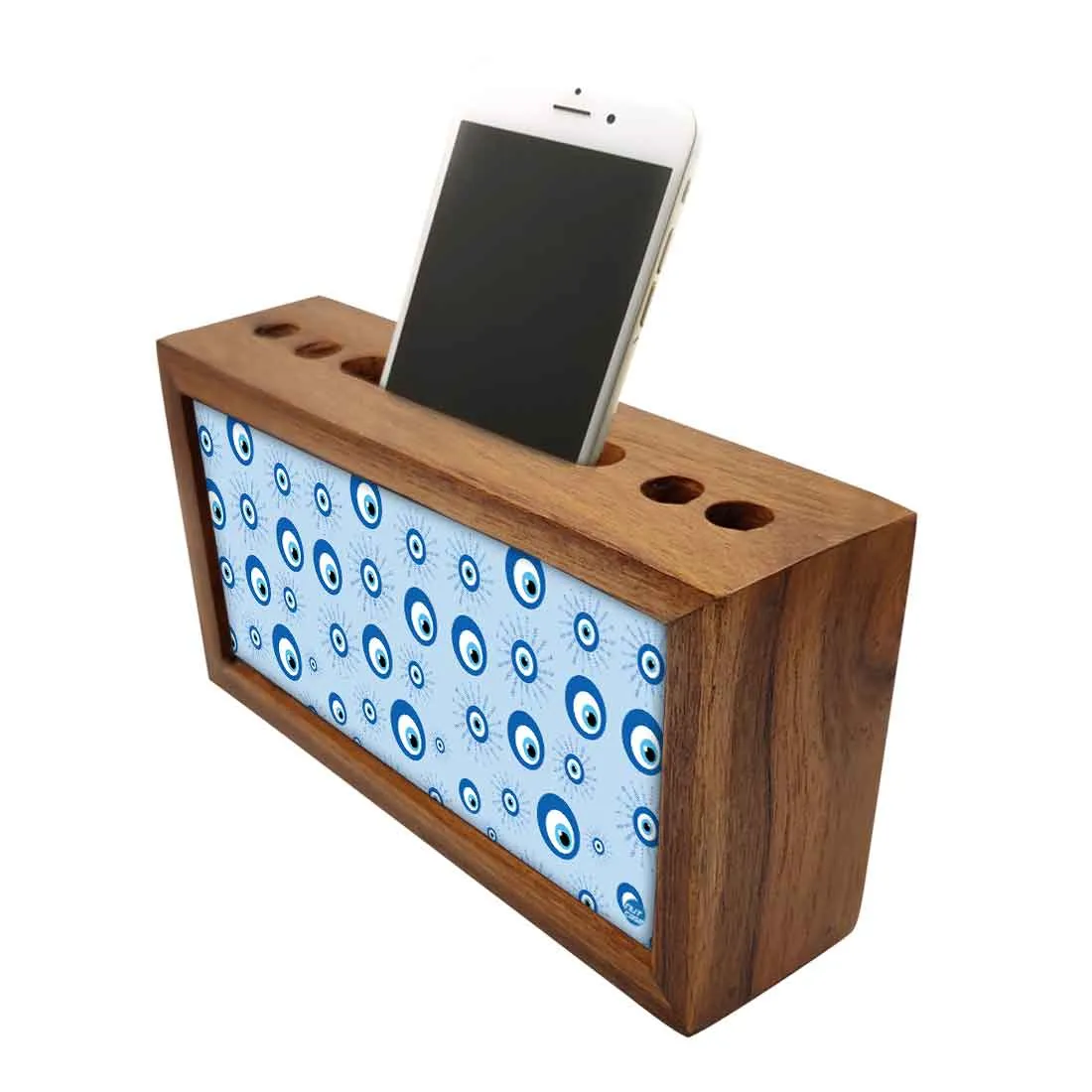 Wooden Pen Stand with Mobile Holder Desk Organizer for Office - Evil Eye Protector-