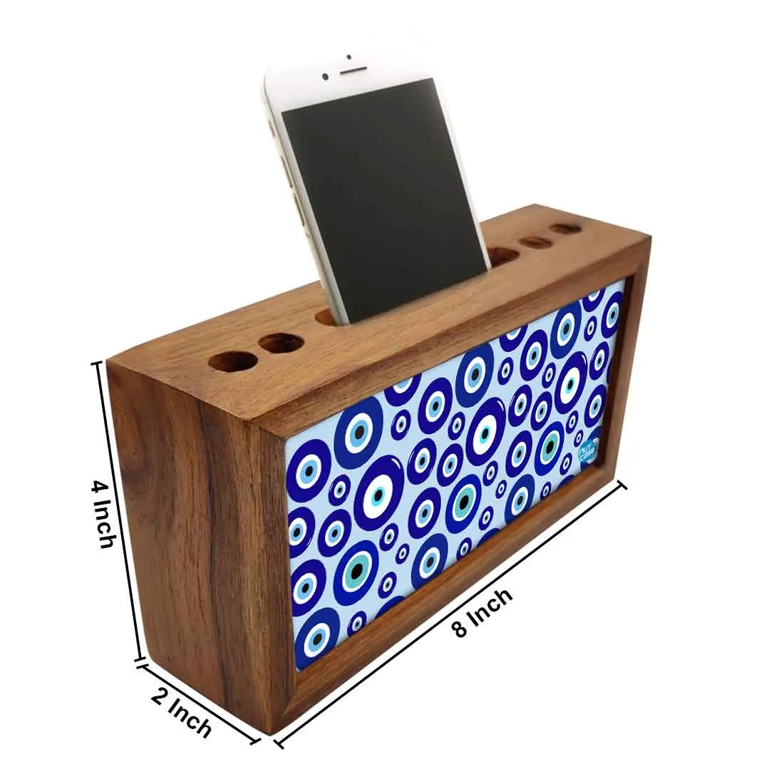 Wooden Pen Stand with Mobile Holder Desk Organizer for Office - Evil Eye Protector-