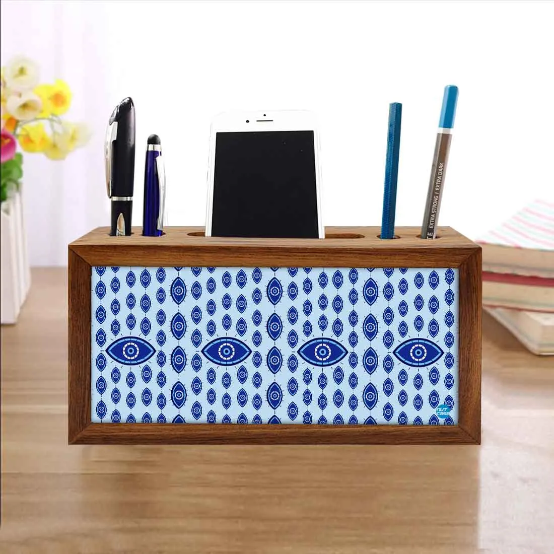 Wooden Pen Stand with Mobile Holder Desk Organizer for Office - Evil Eye Protector-