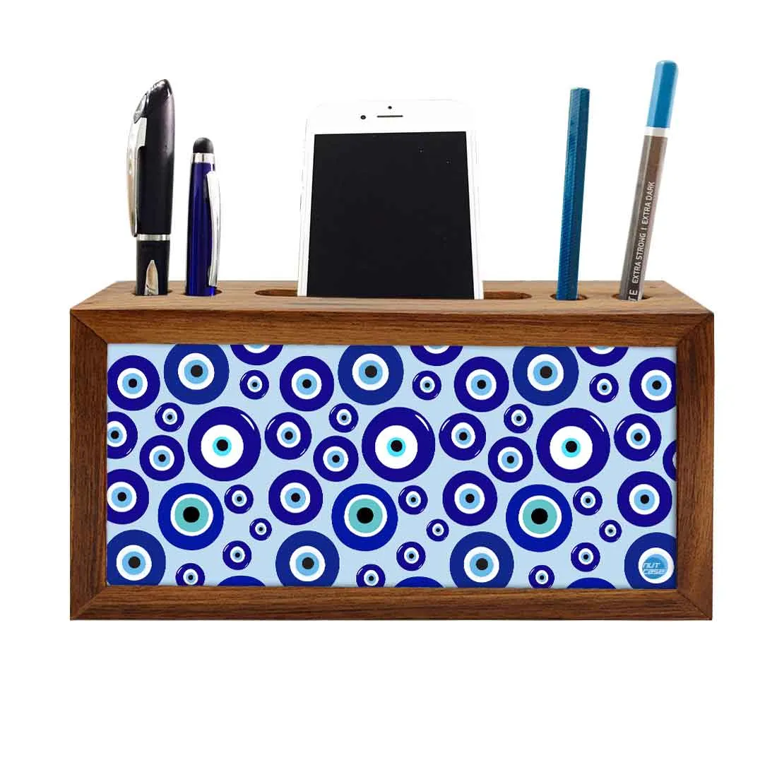 Wooden Pen Stand with Mobile Holder Desk Organizer for Office - Evil Eye Protector-