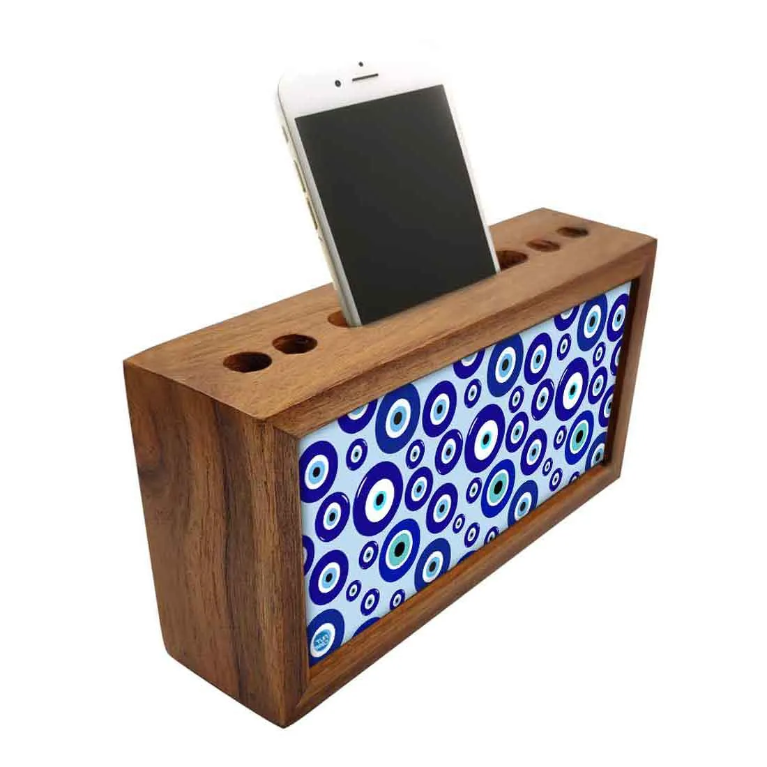 Wooden Pen Stand with Mobile Holder Desk Organizer for Office - Evil Eye Protector-