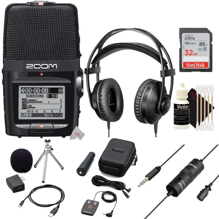 Zoom H2n ext 2-Input / 4 Track Handy Digital Audio Stereo Recorder   Boya BY-HP2 Professional Over-Ear Hi-Fi Monitor Headphones    Zoom APH-2n Accessory Package    Boya BY-M1 Omnidirectional Lavalier Microphone   32GB Memory Card   Cleaning Kit