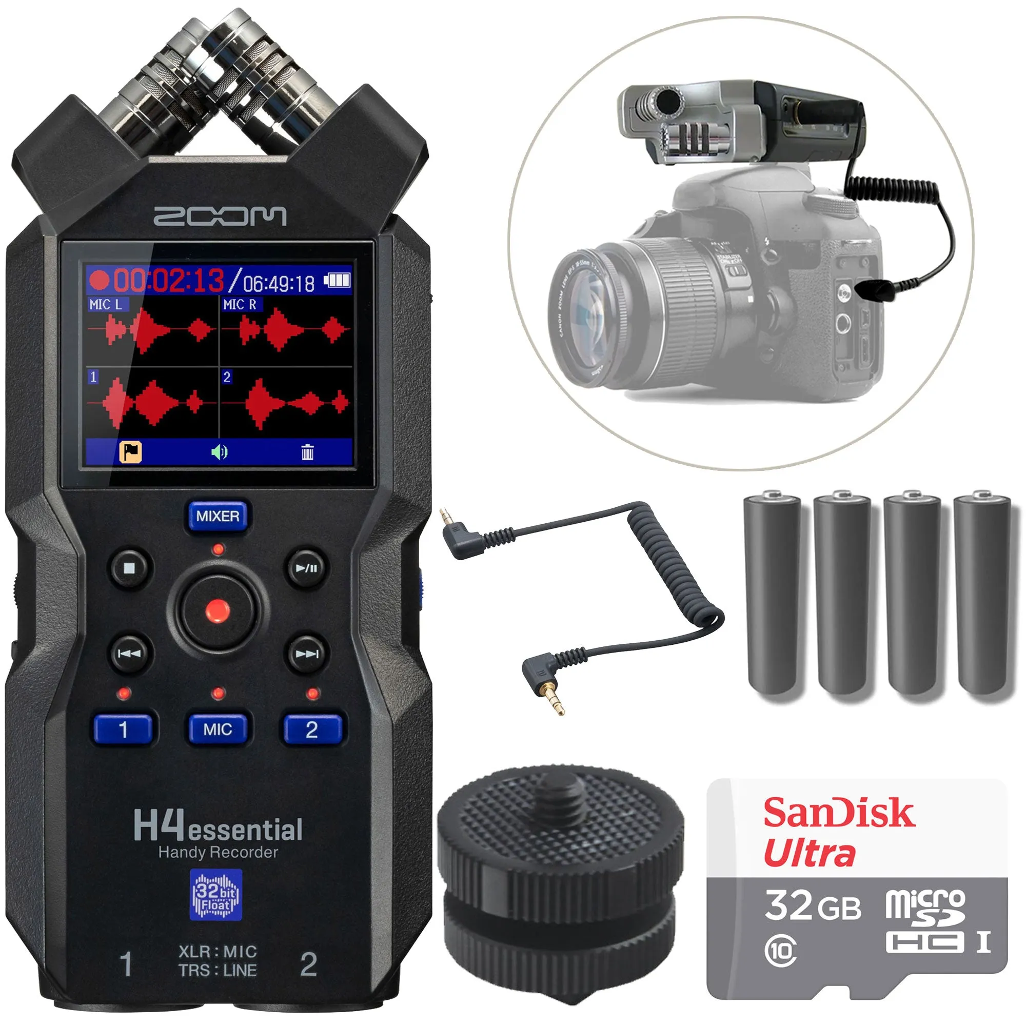 Zoom H4essential 4-Track Handy Recorder with Hot/Cold Shoe Mount and Stereo Mini Cable for DSLR Cameras