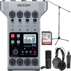 Zoom PodTrak P4 Portable Multitrack Podcast Recorder   Zoom ZDM-1 Podcast Mic Pack Accessory Bundle