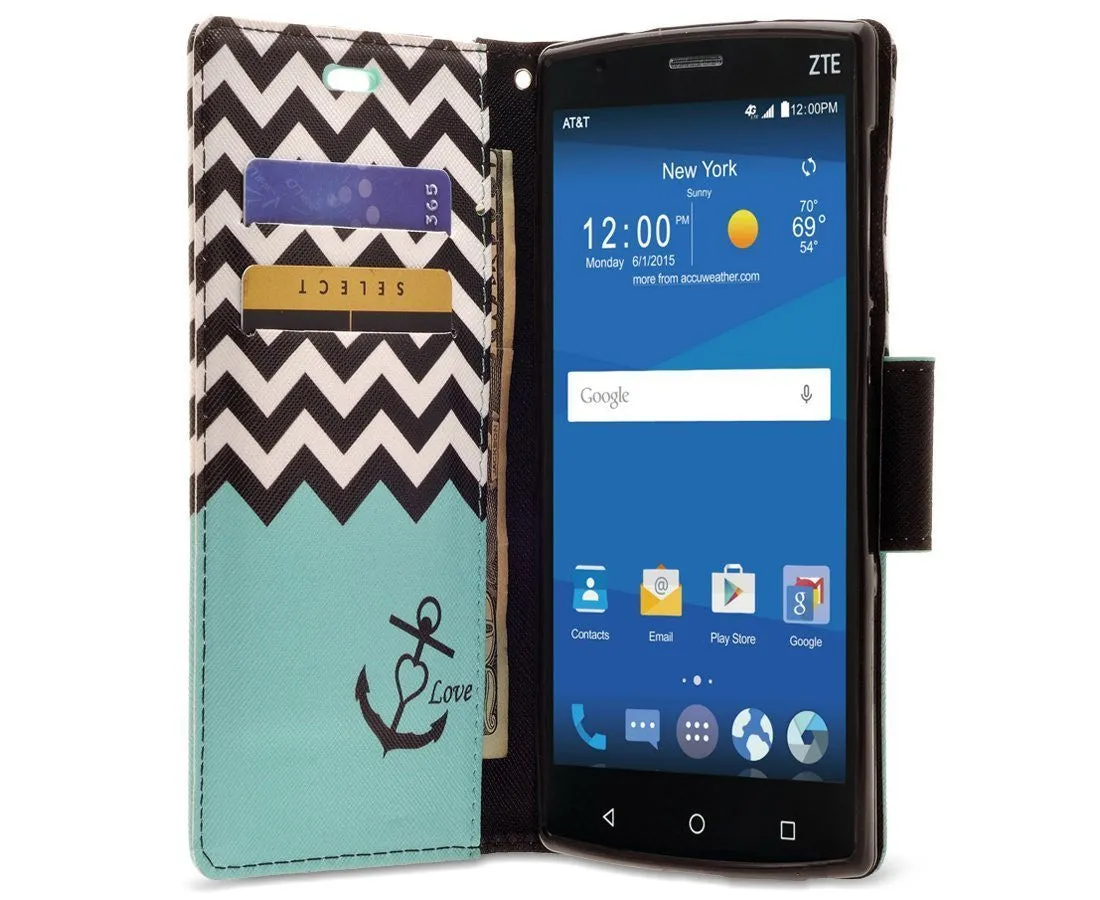 ZTE Prestige Case | ZTE Sonata 3 | ZTE Avid Plus | ZTE Avid Trio Pu Leather Magnetic Flip Fold[Kickstand] Wrist Strap Wallet Case with ID & Card Slots for ZTE Prestige/Sonata3/Avid/Avid Plus - Teal Anchor