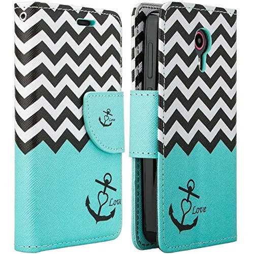 ZTE Prestige Case | ZTE Sonata 3 | ZTE Avid Plus | ZTE Avid Trio Pu Leather Magnetic Flip Fold[Kickstand] Wrist Strap Wallet Case with ID & Card Slots for ZTE Prestige/Sonata3/Avid/Avid Plus - Teal Anchor